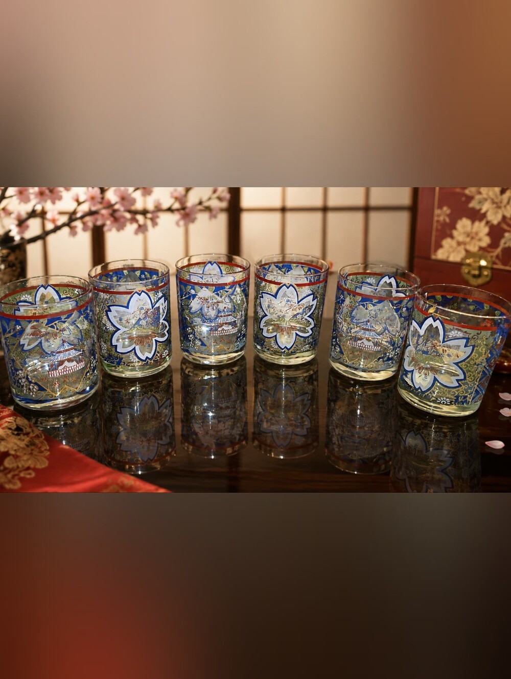 Vintage mid-century modern Culver "Imari" pattern double old-fashioned Glass